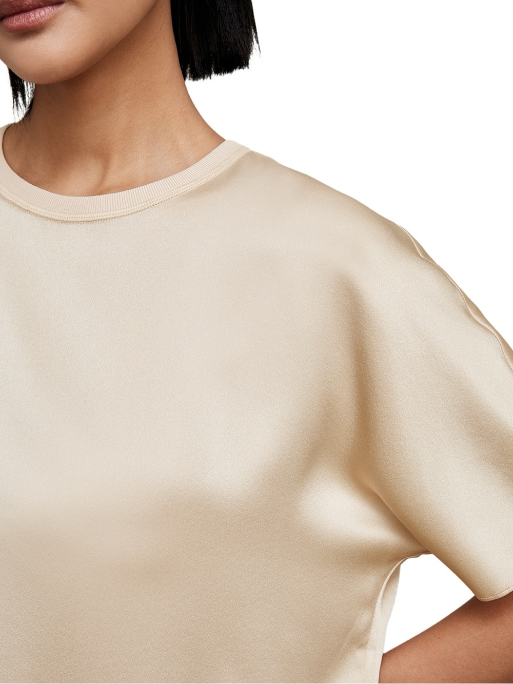 Cream Satin Drop Shoulder Sleeve Crewneck Top